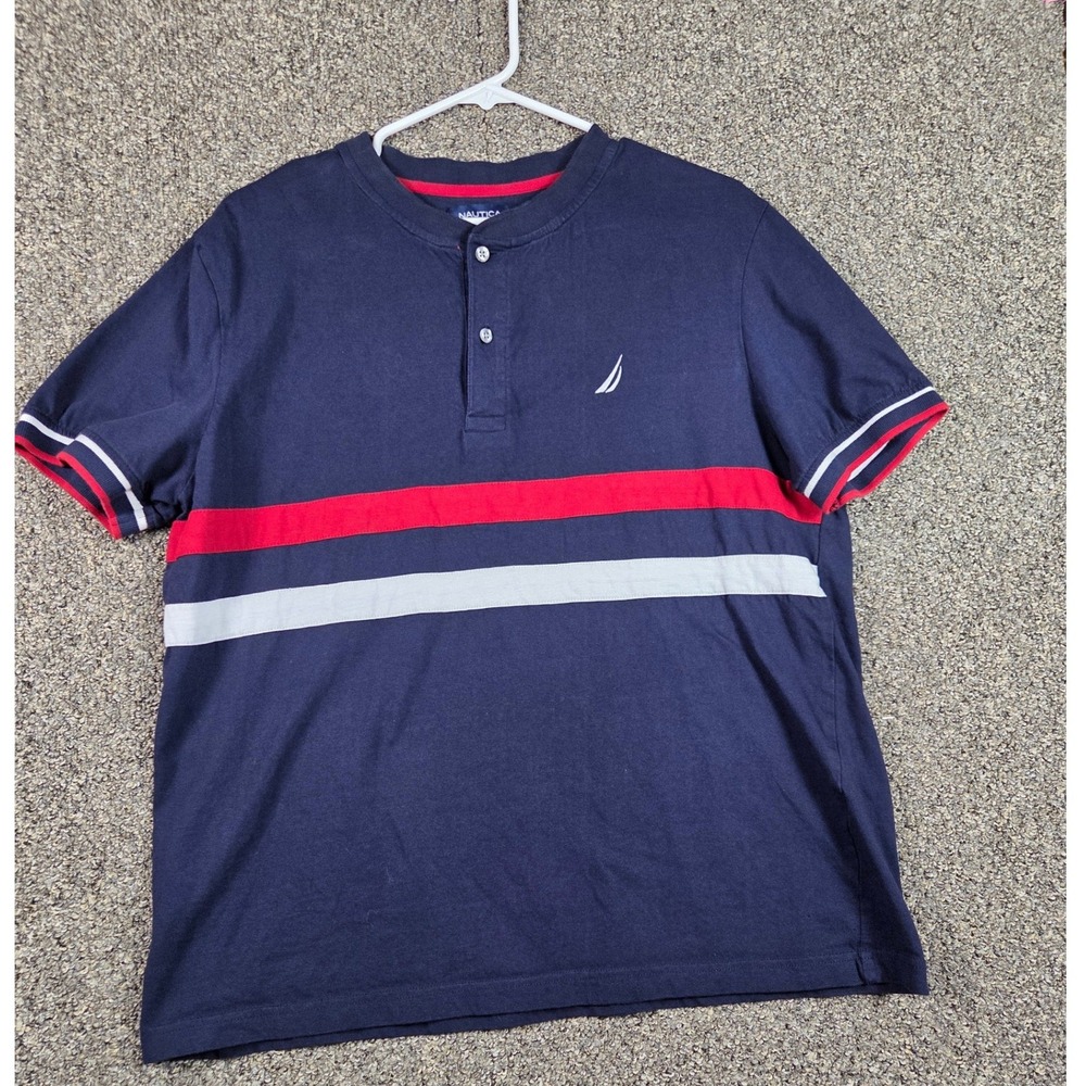 Nautica Henley Shirt Mens L Navy Blue Red White Cotton Short Sleeve‎ Casual